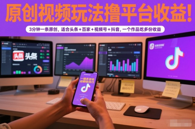 原创视频玩法撸平台收益，3分钟一条原创，适合头条+百家+视频号+抖音，一个作品吃多份收益