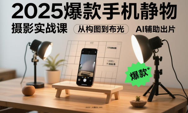 2025爆款手机静物摄影实战课,从构图到布光,不用贵设备,AI辅助出片