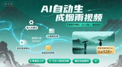 不用拍不用剪!AI自动生成烟雨视频,日入5张+,睡后收入
