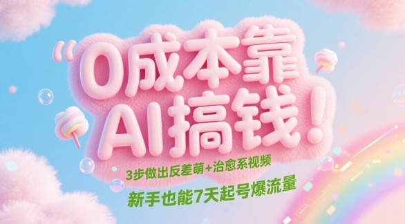 0成本靠AI搞钱!3步做出反差萌+治愈系视频,新手也能7天起号爆流量