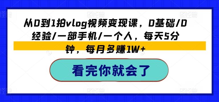 从0到1拍vlog视频变现课,0基础/0经验/一部手机/一个人,每天5分钟,每月多赚1W+