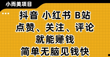 小而美的项目,抖音小红书B站视频点赞、关注、评论就能挣钱,简单无脑立见收益,妥妥的零撸项目【揭秘】