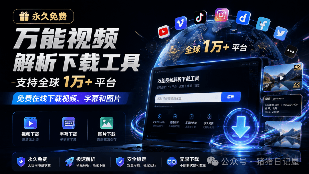 地表最强！永久免费的万能视频解析下载工具，支持全球1万多个平台，免费在线下载视频、字幕和图片